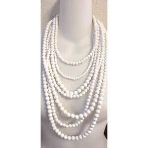 7 Strand White Beaded Dramatic Necklace Waterfall Layered Statement Classic
